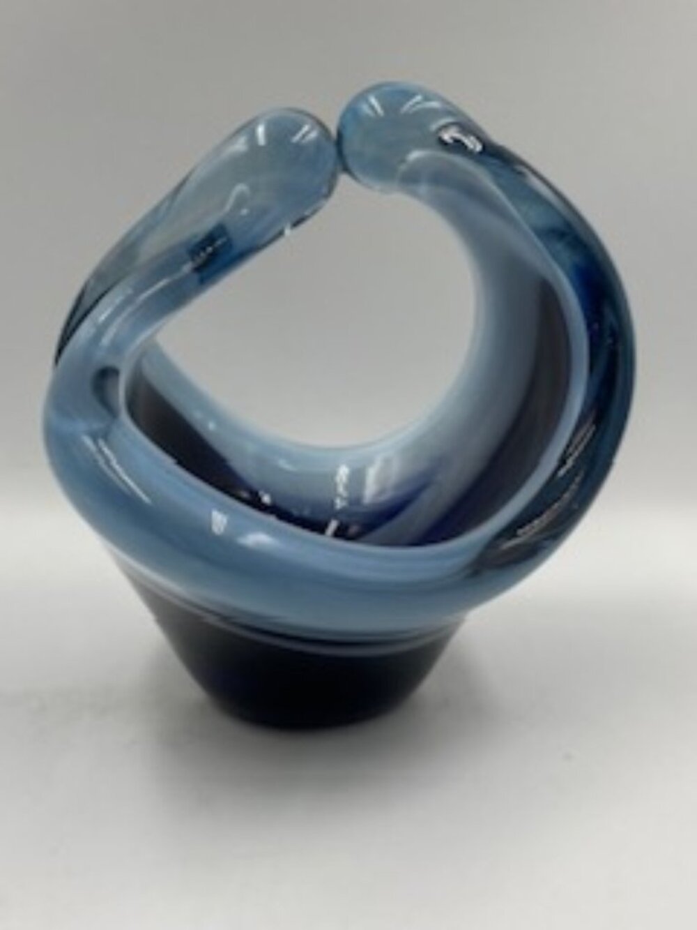 Vintage “Coquille” Art Glass Basket Vase Blue and white Sommerso Design